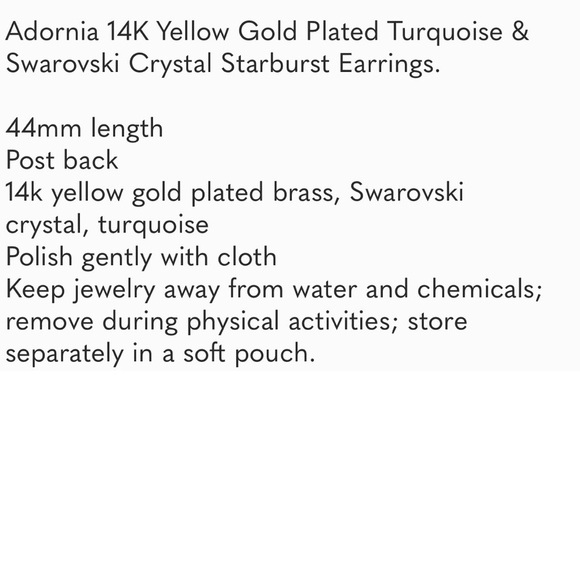 Adornia starburst 14k gold plated, turquoise and Swarovski crystal earrings NEW - Picture 5 of 5